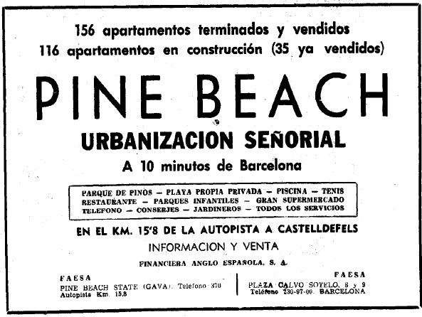 Anuncio de Pine Beach de Gav Mar publicado en el diario La Vanguardia el 19 de Noviembre de 1966 parecido a los publicados en junio y en octubre de 1966 pero donde ahora se definen los apartamentos como de lujo